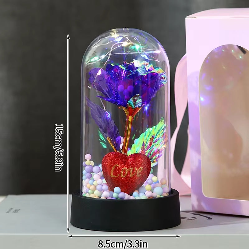 Artificial Rose Flowers Eternal Rose LED Light Foil Flower in Glass Cover Simulation Rose Flower Mothers Day Gifts Party Supply