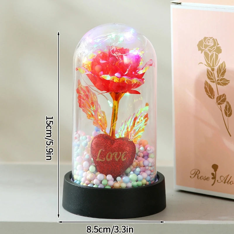 Artificial Rose Flowers Eternal Rose LED Light Foil Flower in Glass Cover Simulation Rose Flower Mothers Day Gifts Party Supply